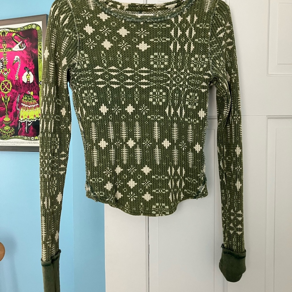 We The Free Olive & Cream Textured Thermal Top